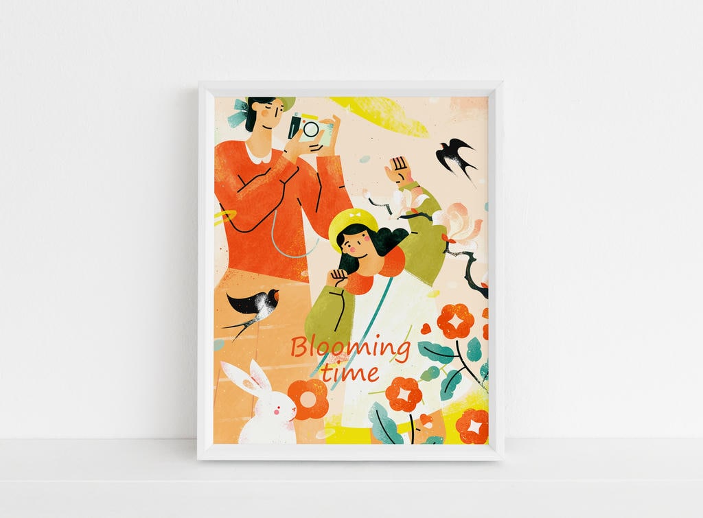 小园素纯手绘扁平风插画「春日晴&middot; Blooming Fun」商业应用展示，用于室内装饰画插画设计，可商用