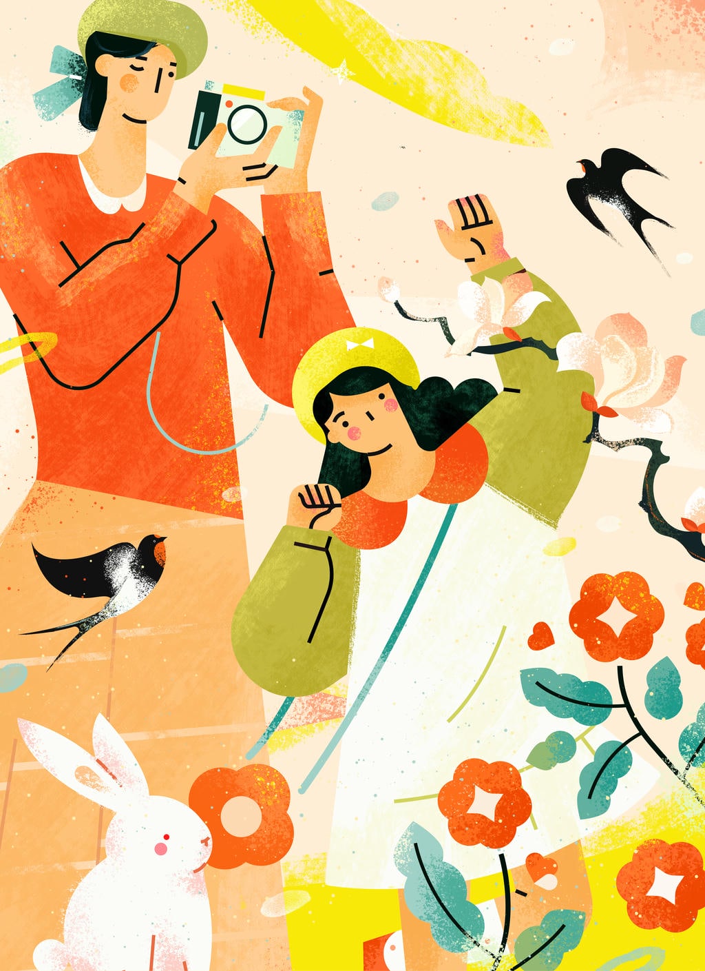 小园素纯手绘扁平风插画「春日晴&middot; Blooming Fun」肌理最终版，画面质感丰富，由拍照的女孩、燕子、兔子、花朵等元素构成，可编辑可商用
