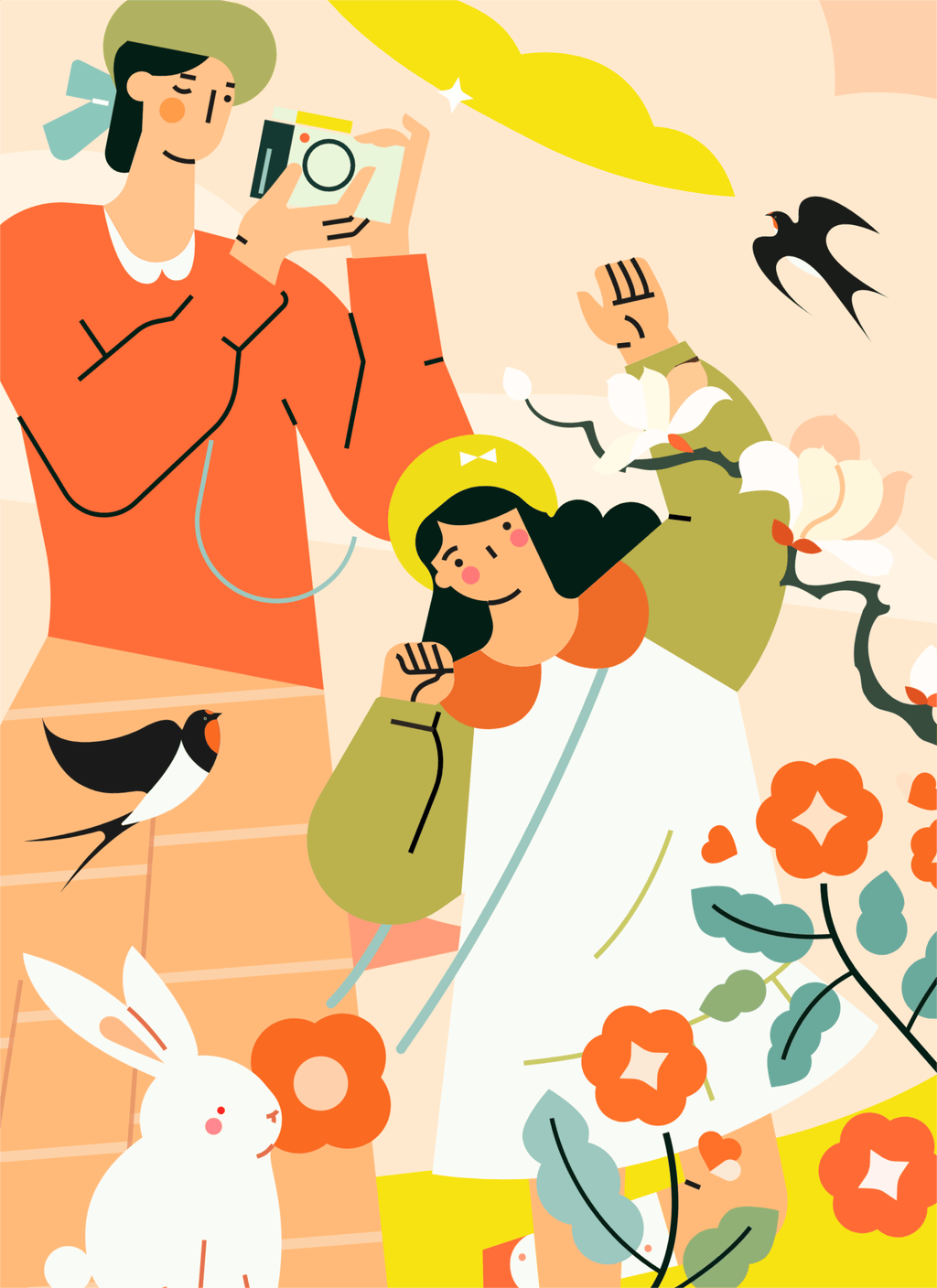 小园素纯手绘扁平风插画「春日晴&middot; Blooming Fun」矢量上色版，由小园素元素组合而成，温柔米橙配色，可编辑可商用