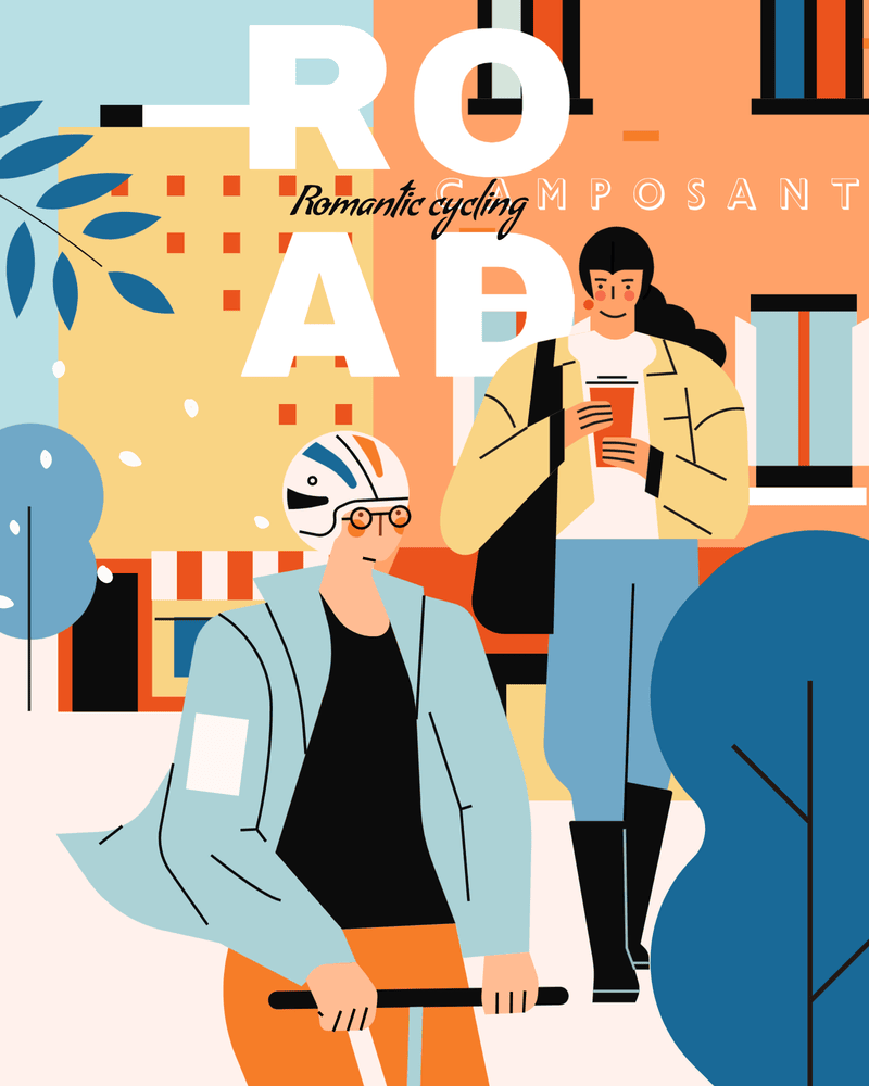 小园素纯手绘非AI氛围鲜亮橘蓝插画作品「浪漫骑行」，包含人物、建筑、植物、氛围元素，可商用