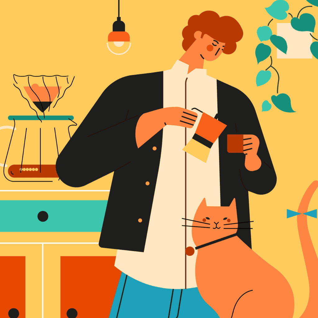 小园素纯手绘扁平风氛围奶黄插画作品「咖啡未满②」，包含人物、动物、植物、餐饮元素，可商用