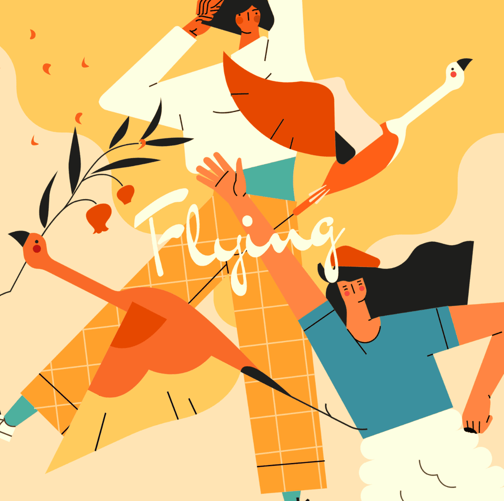 小园素纯手绘扁平风氛围奶黄插画作品「飞翔」，包含人物、动物、植物元素，可商用