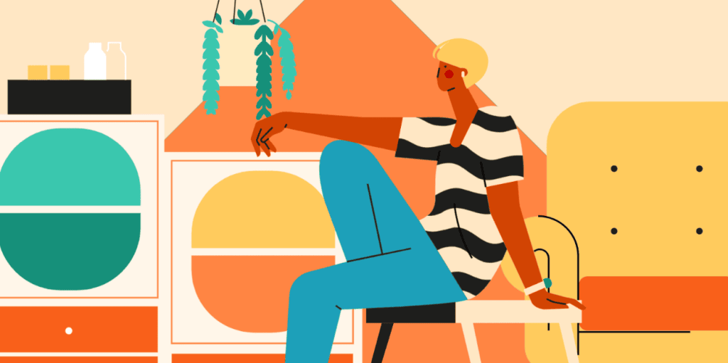 小园素纯手绘扁平风氛围奶黄插画作品「休闲时间」，包含人物、家庭、陈设元素，可商用