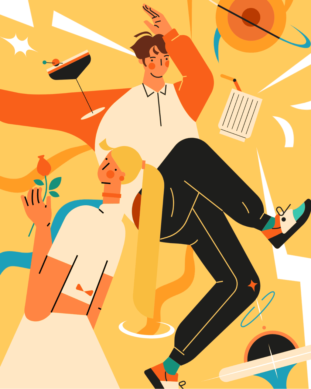 小园素纯手绘扁平风氛围奶黄插画作品「热烈」，包含人物、餐饮、太空元素，可商用