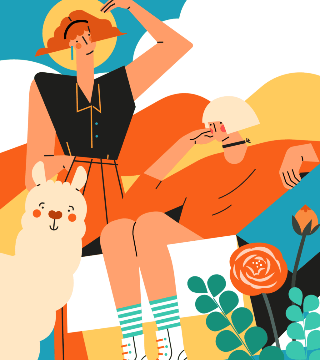 小园素纯手绘扁平风氛围奶黄插画作品「暖阳与野花」，包含人物、动物、风景元素，可商用