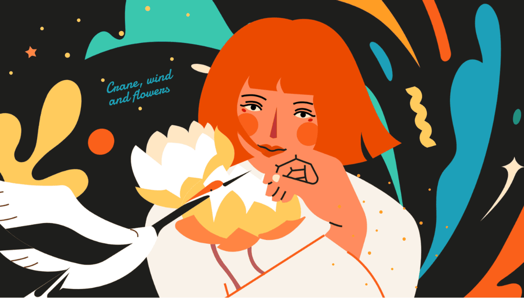 小园素纯手绘扁平风氛围奶黄插画作品「飘、风与花」，包含肖像、动物、氛围元素，可商用