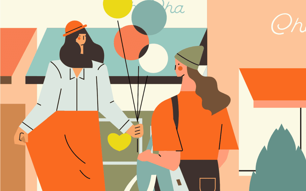 小园素纯手绘非 AI 温柔米橙插画作品「城遇」，包含人物、建筑、植物元素，可商用