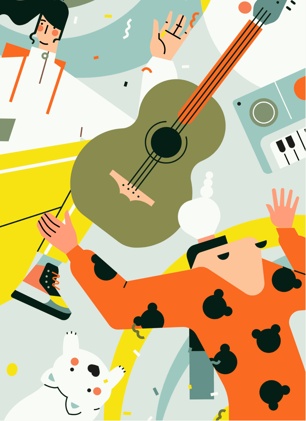 小园素纯手绘非 AI 温柔米橙插画作品「节奏狂欢」，包含人物、音乐、动物元素，可商用