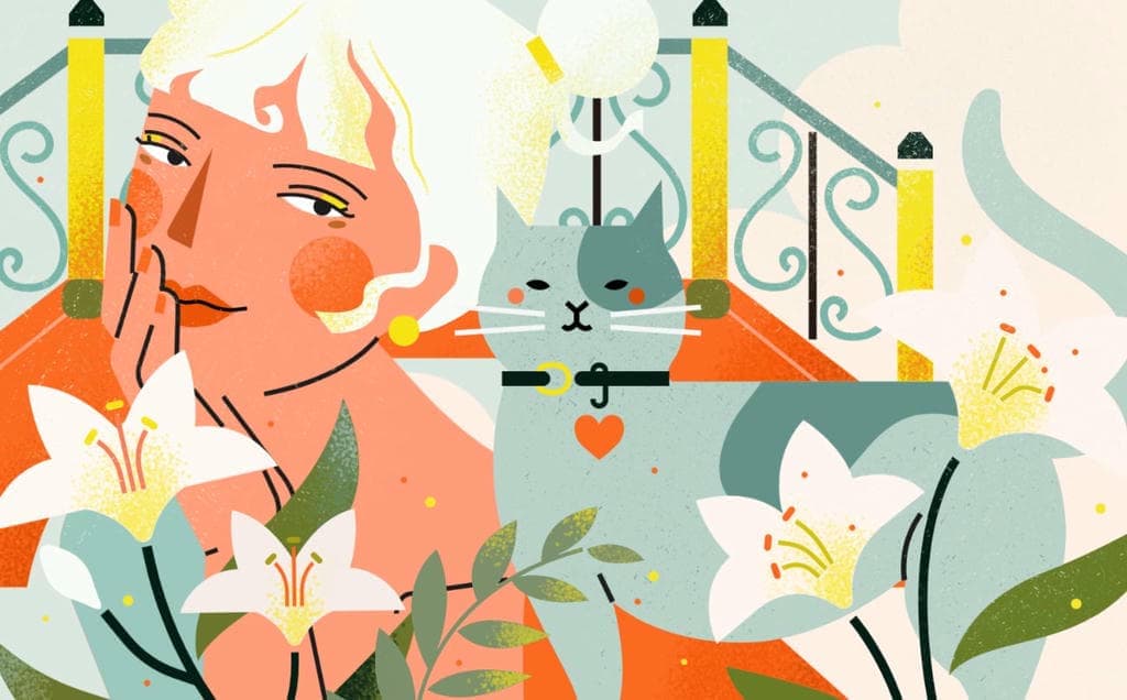 小园素纯手绘非 AI 温柔米橙插画作品「畅想春日」，包含肖像、动物、植物元素，可商用