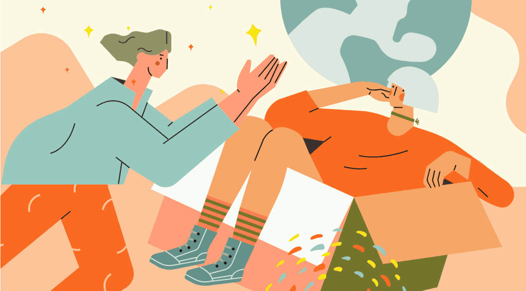 小园素纯手绘非 AI 温柔米橙插画作品「宇宙剧场」，包含人物、太空元素，可商用