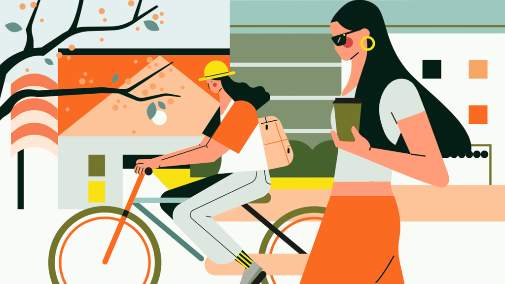 小园素纯手绘非 AI 温柔米橙插画作品「出游②」，包含人物、建筑、植物元素，可商用