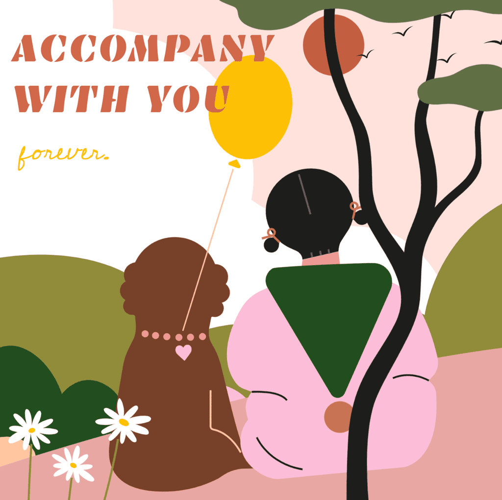 小园素纯手绘扁平风蜜桃金粉插画作品「小相伴」，包含儿童、动物、植物元素，可商用