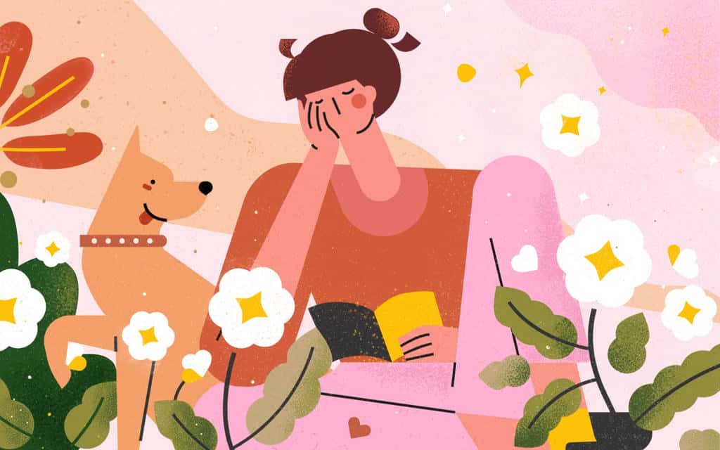 小园素纯手绘扁平风蜜桃金粉插画作品「在花丛里阅读的时刻」，包含人物、动物、植物元素，可商用