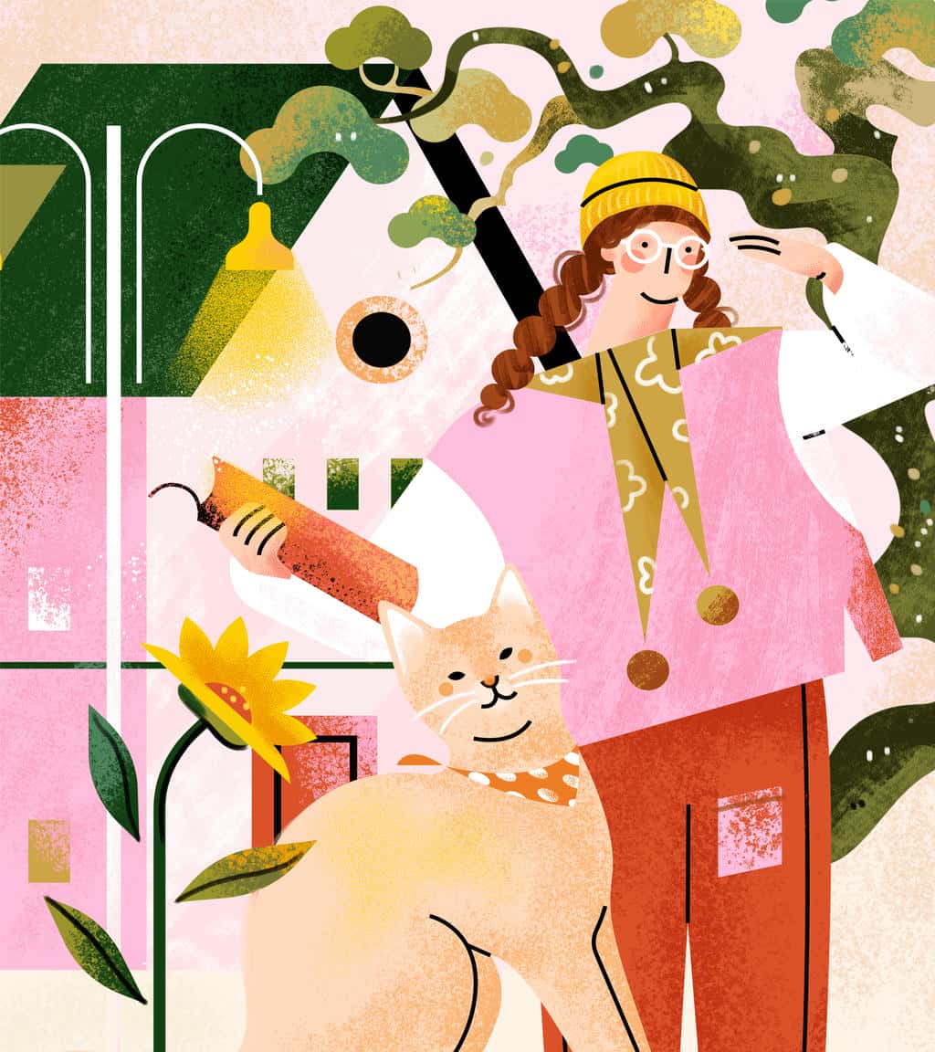 小园素纯手绘扁平风蜜桃金粉插画作品「光物②」，包含人物、动物、建筑元素，可商用