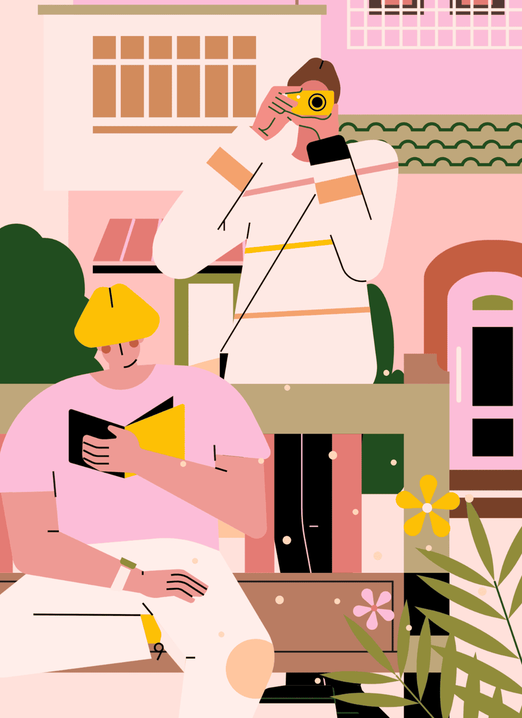 小园素纯手绘扁平风蜜桃金粉插画作品「春风里的人在看你」，包含人物、植物、建筑元素，可商用