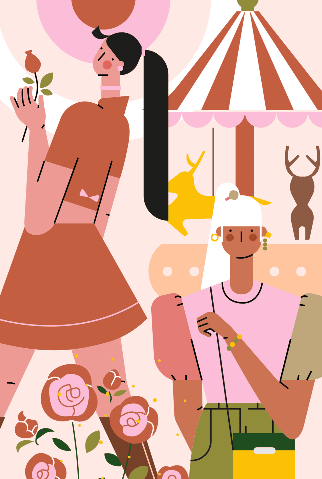 小园素纯手绘扁平风蜜桃金粉插画作品「太阳的邀请」，包含人物、儿童、植物元素，可商用