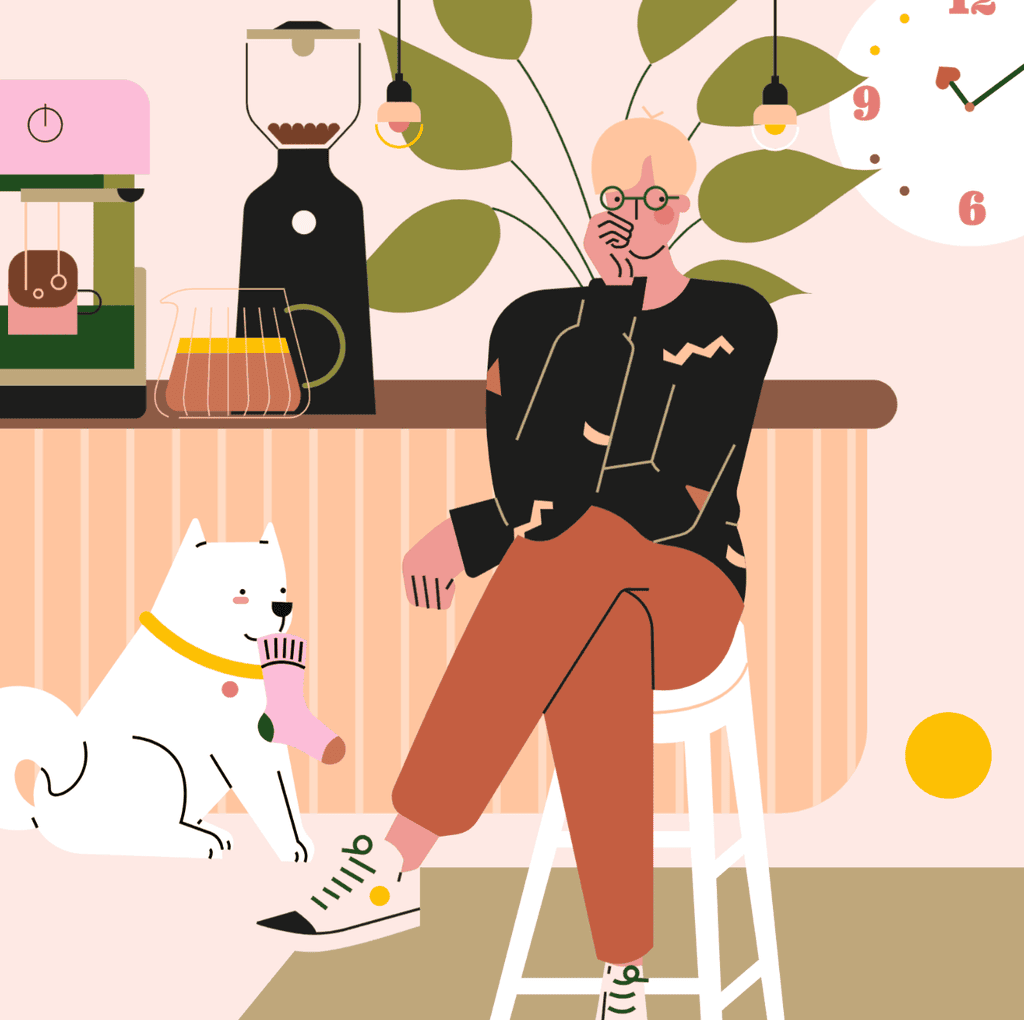 小园素纯手绘扁平风蜜桃金粉插画作品「茶水间②」，包含人物、动物、餐饮元素，可商用