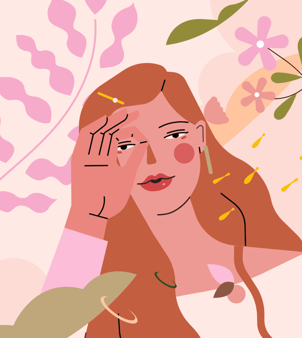 小园素纯手绘扁平风蜜桃金粉插画作品「水中观②」，包含肖像、植物、氛围元素，可商用