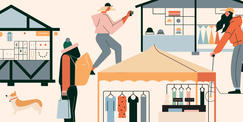 小园素纯手绘扁平风静涩奶蓝插画作品「市集①」，包含人物、建筑、动物元素，可商用