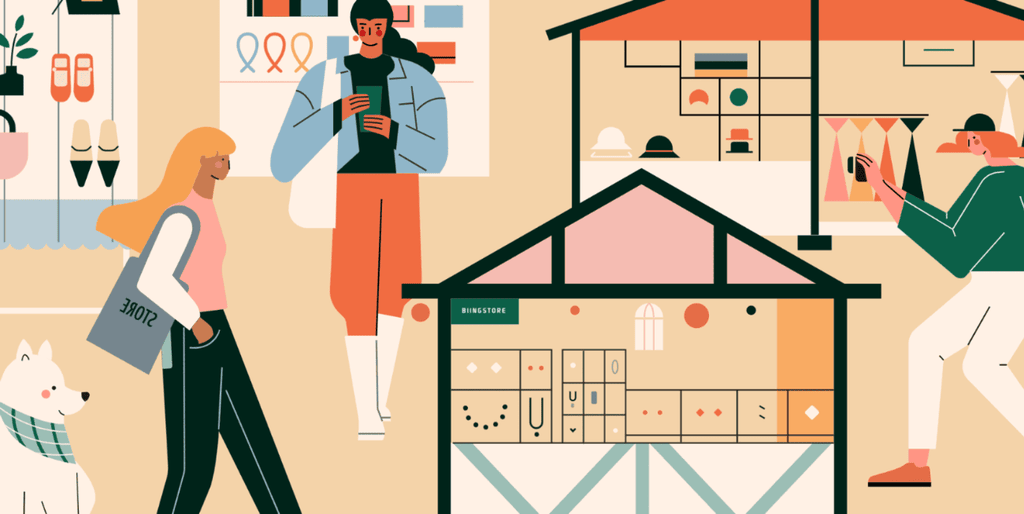 小园素纯手绘扁平风静涩奶蓝插画作品「市集②」，包含人物、建筑、家居元素，可商用