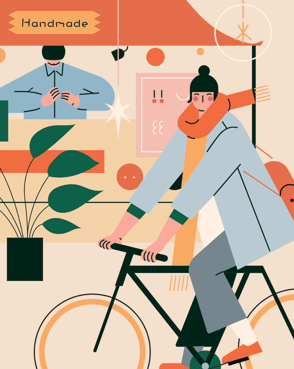 小园素纯手绘扁平风静涩奶蓝插画作品「市集③」，包含人物、建筑、植物元素，可商用