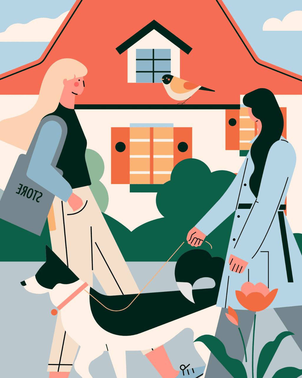 小园素纯手绘扁平风静涩奶蓝插画作品「相逢」，包含人物、建筑、动物元素，可商用