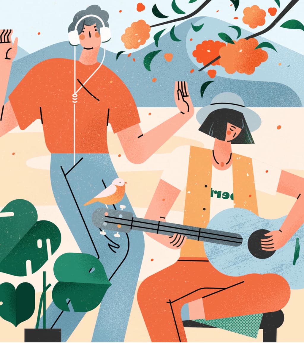 小园素纯手绘扁平风静涩奶蓝插画作品「人物与歌」，包含人物、植物、背景图形元素，可商用