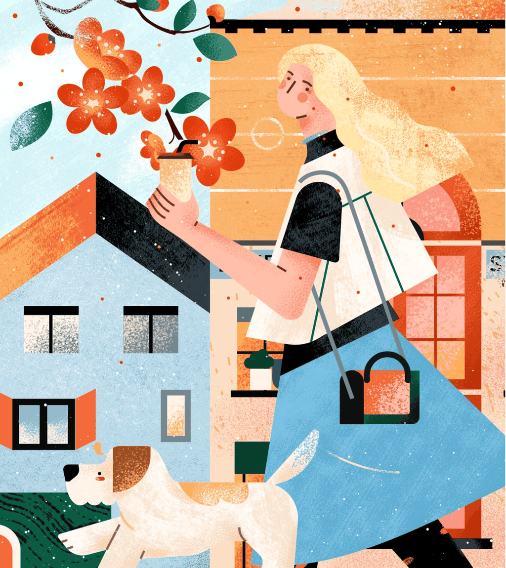 小园素纯手绘扁平风静涩奶蓝插画作品「人物与动物」，包含人物、动物、建筑元素，可商用
