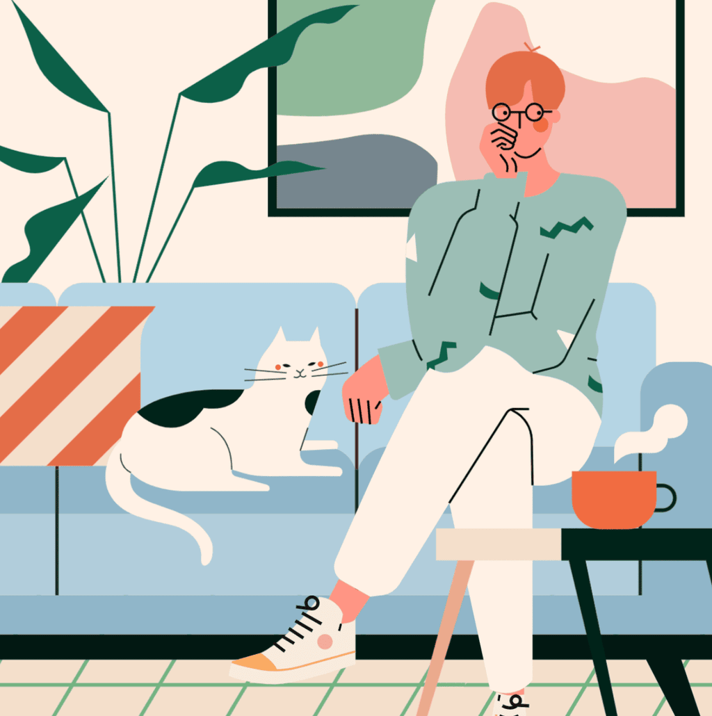 小园素纯手绘扁平风静涩奶蓝插画作品「静思」，包含人物、动物、家居元素，可商用