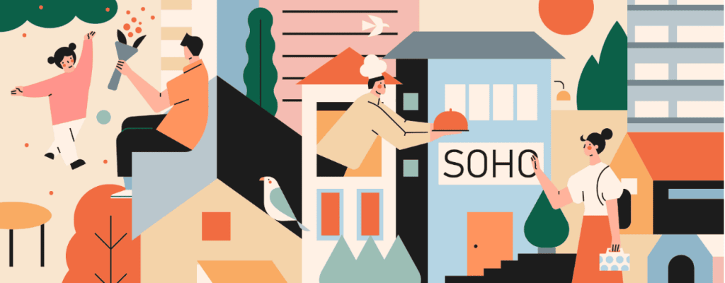 小园素纯手绘扁平风静涩奶蓝插画作品「SOHO 社区生活①」，包含人物、建筑、植物元素，可商用