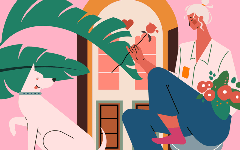 小园素纯手绘非 AI 甜粉橘绿插画作品「心想生」，包含人物、动物、植物、建筑元素，可商用