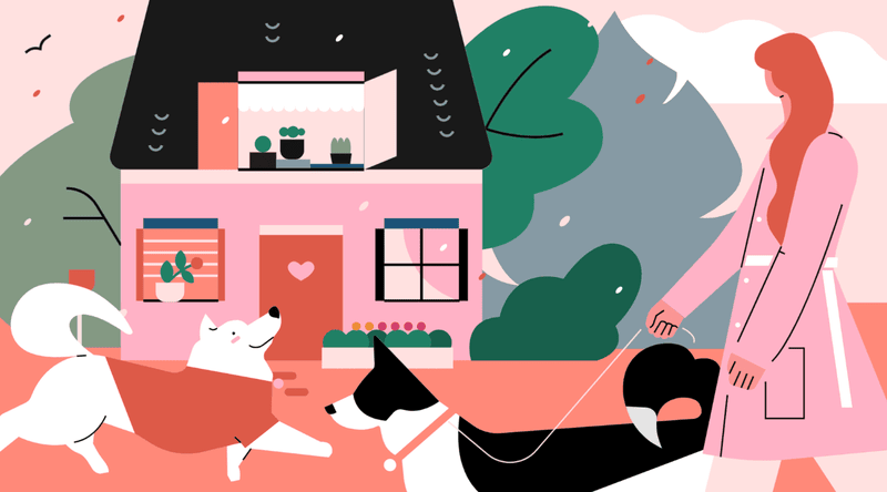 小园素纯手绘非 AI 甜粉橘绿插画作品「遇见②」，包含人物、动物、建筑、植物元素，可商用