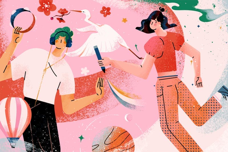 小园素纯手绘非 AI 甜粉橘绿插画作品「星河闲游」，包含跳舞人物、仙鹤、热气球、星纹等元素，可商用