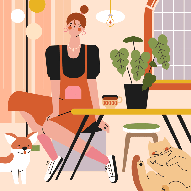小园素纯手绘非 AI 奶咖暖橘插画作品「小确幸的下午茶」，包含人物、动物、植物、家居元素，可商用