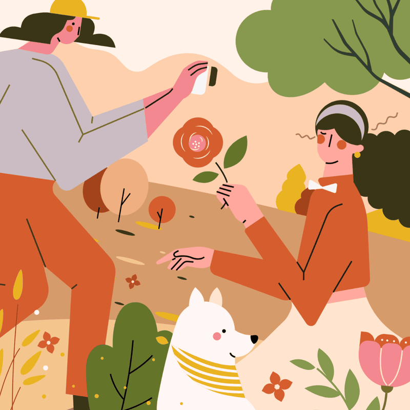 小园素纯手绘非 AI 奶咖暖橘插画作品「捕捉那一瞬间」，包含人物、动物、植物、背景图形元素，可商用