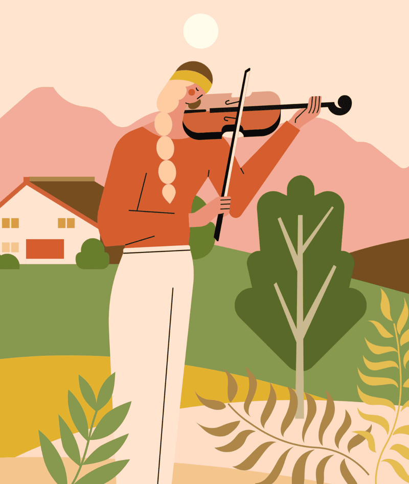 小园素纯手绘非 AI 奶咖暖橘插画作品「月下弦双调」，包含人物、植物、建筑、风景元素，可商用