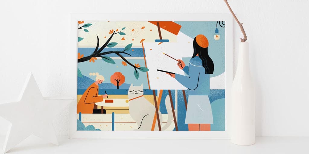 小园素纯手绘扁平风插画「春日写生・lovely Moment」商业应用展示，用于装饰画插画设计，可商用