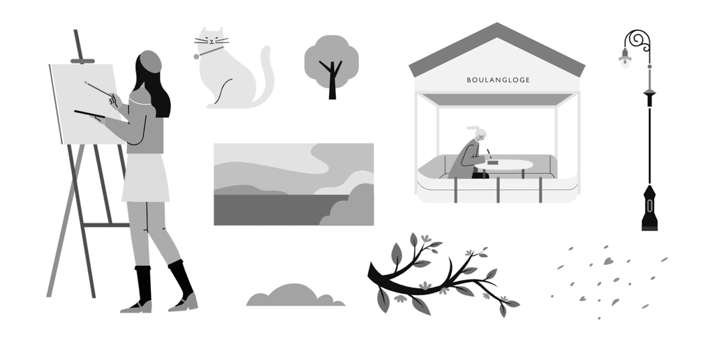 小园素纯手绘扁平风插画「春日写生・lovely Moment」的 SVG 元素展示，均来自小园素素材库，包含人物、猫咪、建筑、植物、形状等元素，可编辑可商用