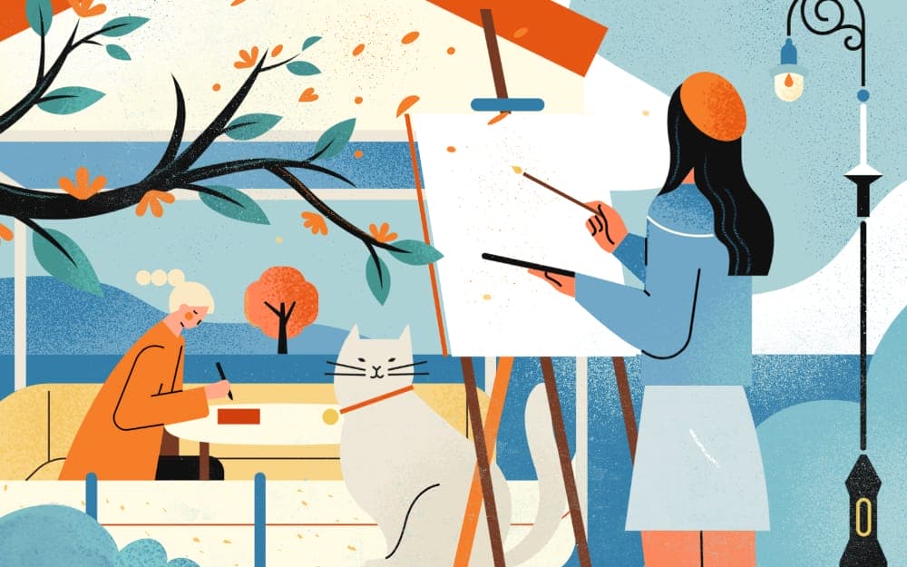 小园素纯手绘扁平风插画「春日写生・lovely Moment」肌理最终版，画面质感细腻，鲜亮橘蓝配色，可商用