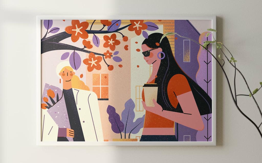 小园素纯手绘扁平风插画「花树下」商业应用展示，用于装饰画 / 抱枕印花插画设计，可商用