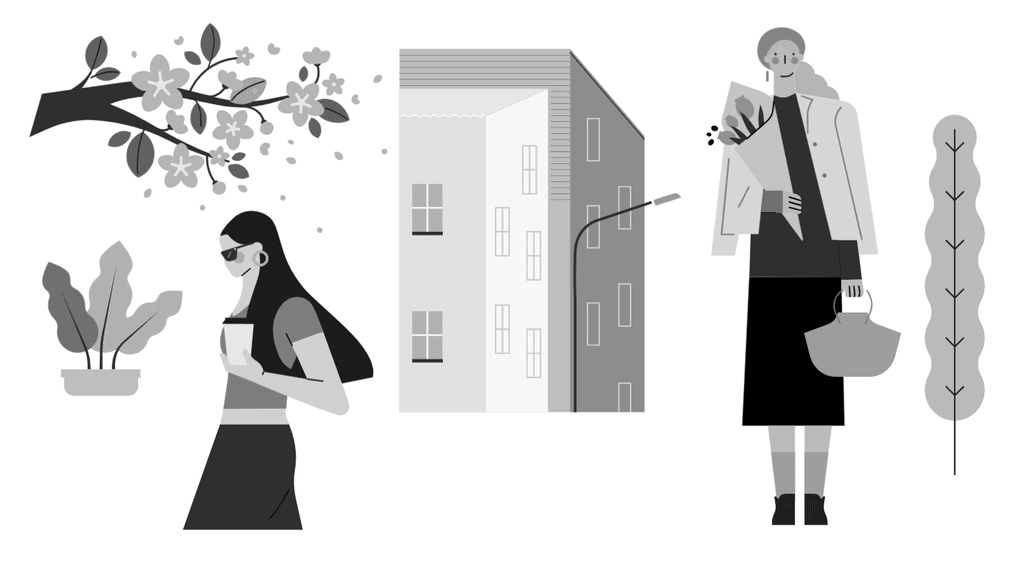 小园素纯手绘扁平风插画「花树下」的 SVG 元素展示，均来自小园素素材库，包含人物、建筑、植物等元素，可编辑可商用