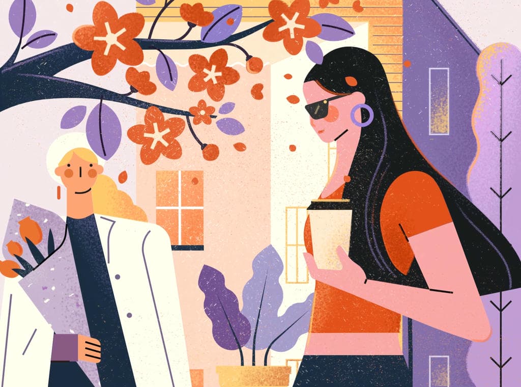 小园素纯手绘扁平风插画「花树下」肌理最终版，画面质感细腻，「紫陌芬芳」配色，可商用