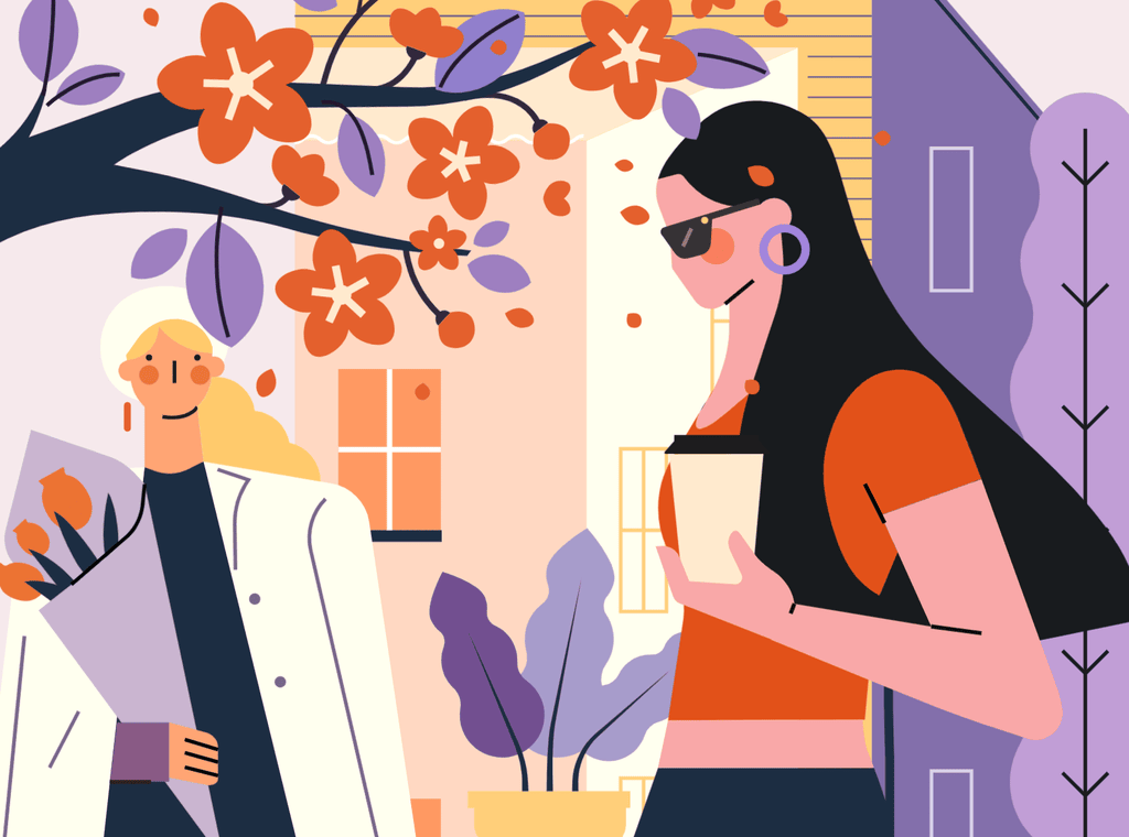 小园素纯手绘扁平风插画「花树下」矢量上色版，由小园素元素组合而成，「紫陌芬芳」配色，可编辑可商用