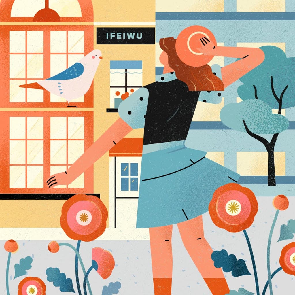 小园素纯手绘扁平风插画插画「和鸽子的相遇・lovely Moment」肌理最终版，画面质感丰富，由「街景人物、鸽子、花卉、建筑」构成，可编辑可商用