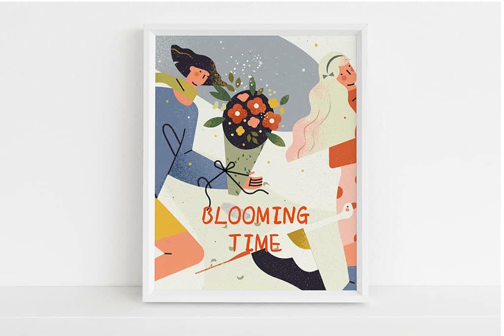 小园素纯手绘扁平风插画插画「花漾趣玩①・Blooming Fun」商业应用展示，用于「装饰画」插画设计，可商用