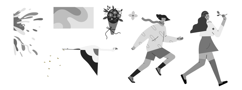 小园素纯手绘扁平风插画插画「花漾趣玩①・Blooming Fun」的 SVG 元素展示，均来自小园素素材库，包含人物、动物、植物、陈设、氛围、背景图形等元素，可编辑可商用