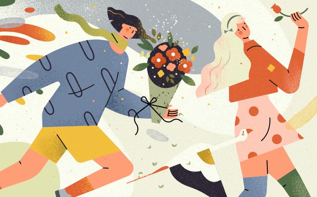 小园素纯手绘扁平风插画插画「花漾趣玩①・Blooming Fun」肌理最终版，画面质感丰富，由「人物、花束、动物、风景」构成，可编辑可商用