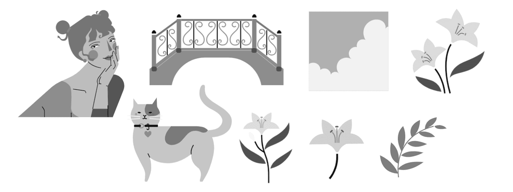 小园素纯手绘扁平风插画「畅想春日」的 SVG 元素展示，均来自小园素素材库，包含肖像、动物、植物、建筑、背景图形等元素，可编辑可商用