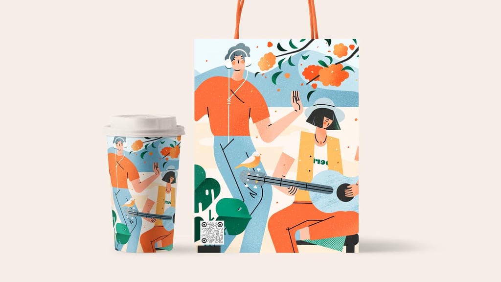 小园素纯手绘扁平风插画插画「和歌・Blooming Fun」商业应用展示，用于「饮品包装」插画设计，可商用