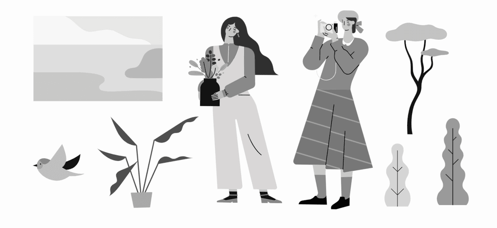 小园素纯手绘扁平风插画「飞鸟影」的 SVG 元素展示，均来自小园素素材库，包含人物、植物、动物、背景图形等元素，可编辑可商用